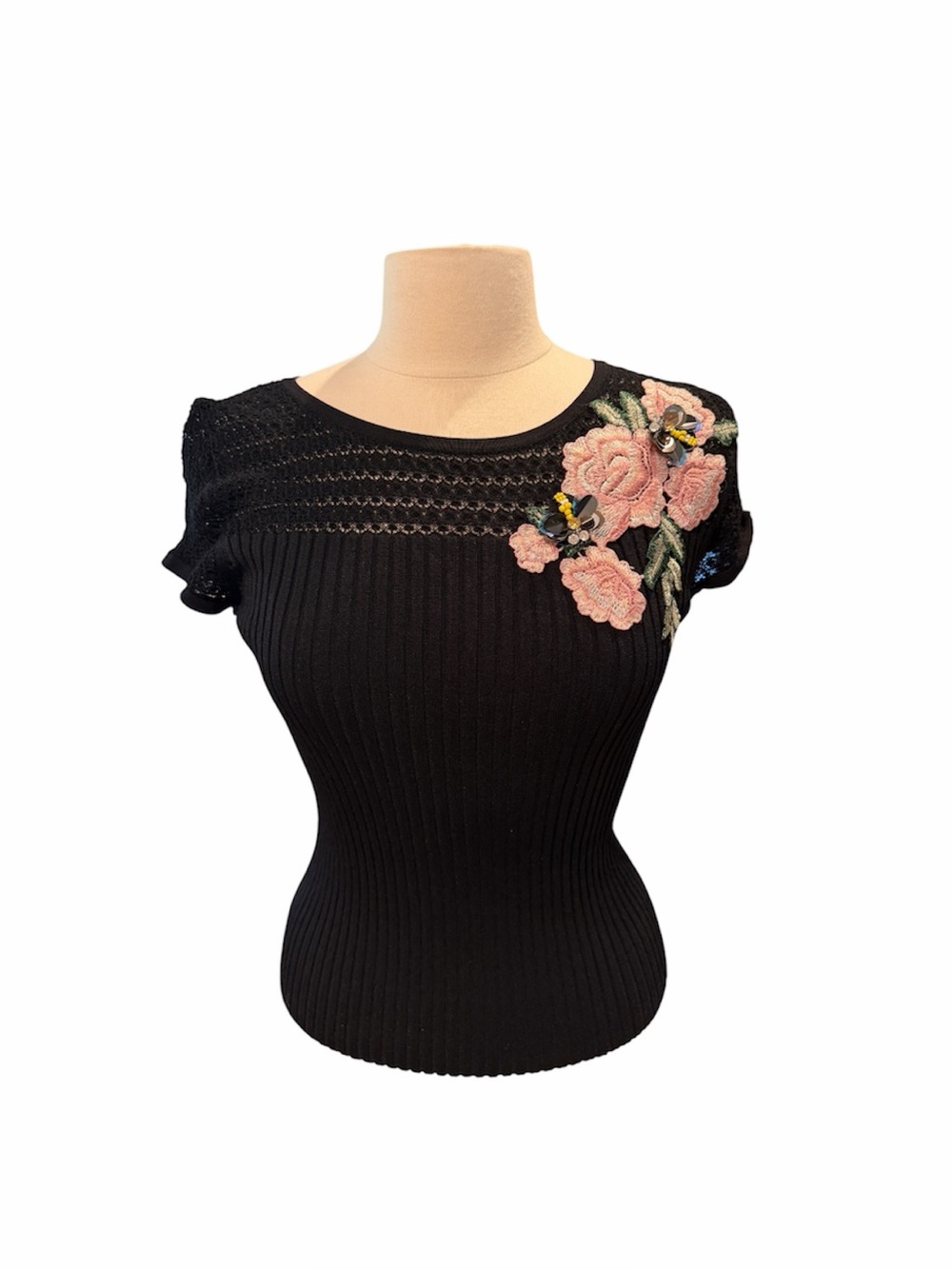 Black Rose Appliqué & Sequin Rhinestone Butterfly Knit Top
